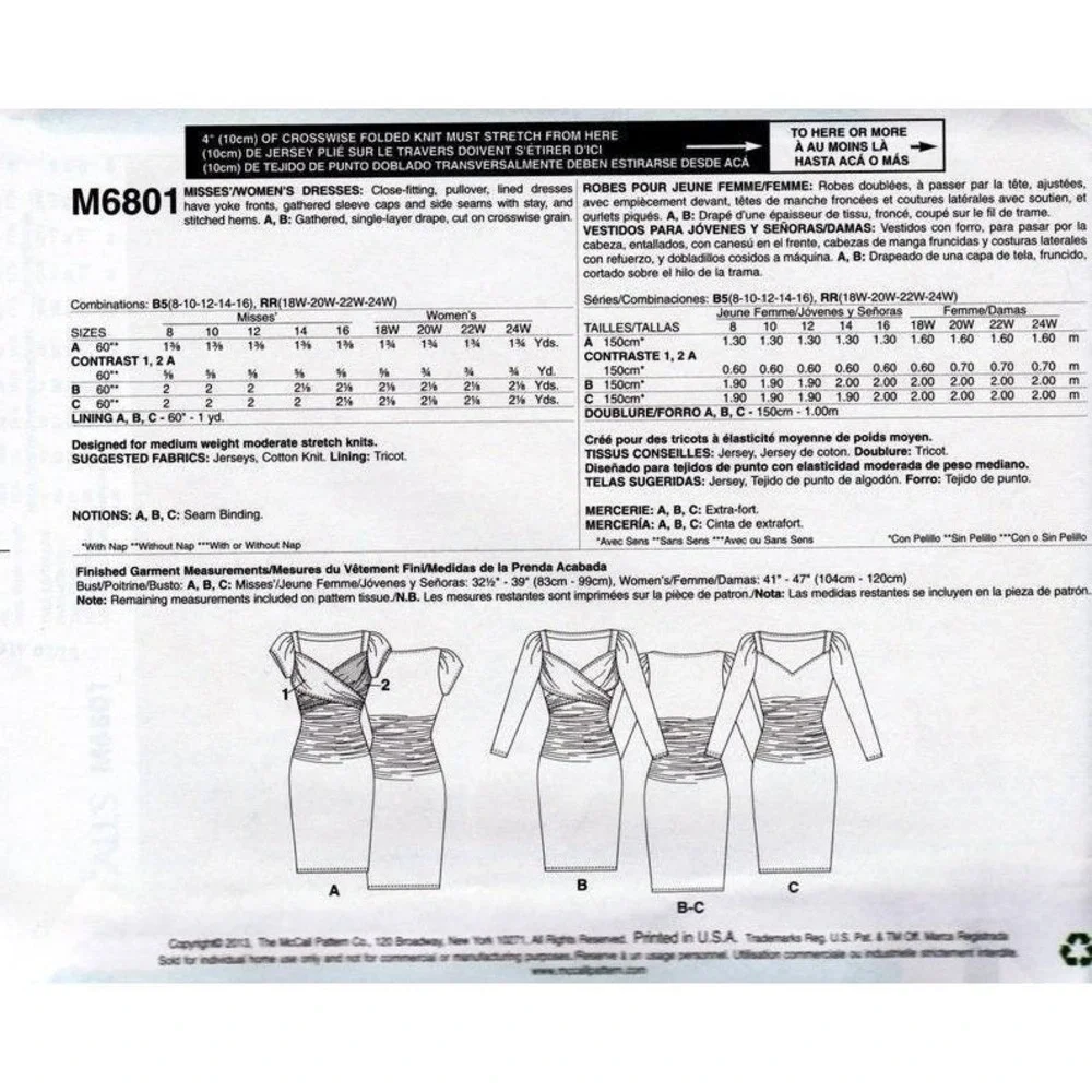 McCalls Sewing Pattern 6801 Dress Misses Size 18-24